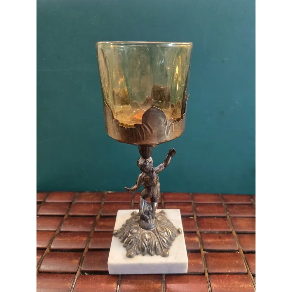 Cherub Candle Holder Bronze  w/ Marble Base Vintage Hollywood Regency 9.25